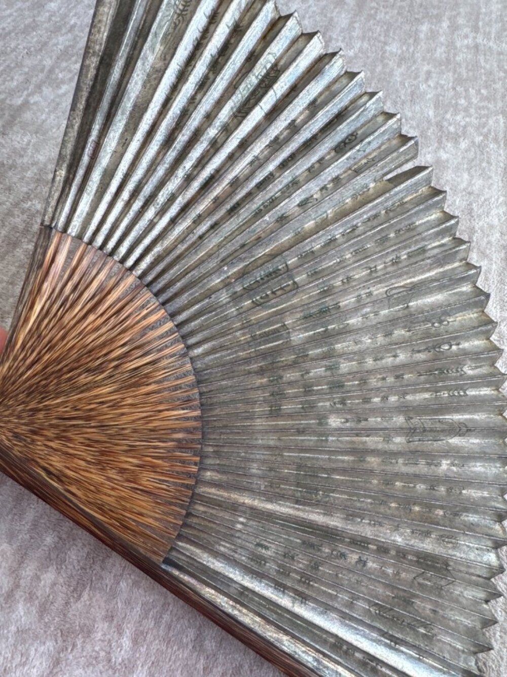 Vintage Chinese Silver Hand-Painted Folding Fan Bamboo Frame